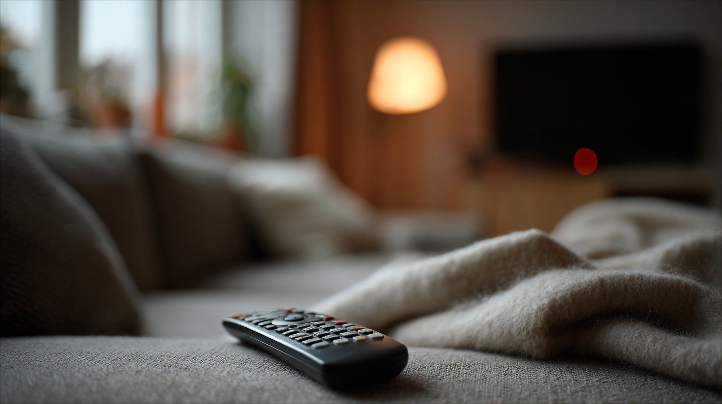 A remote control on a blanket on the sofa, the television behind it switched off