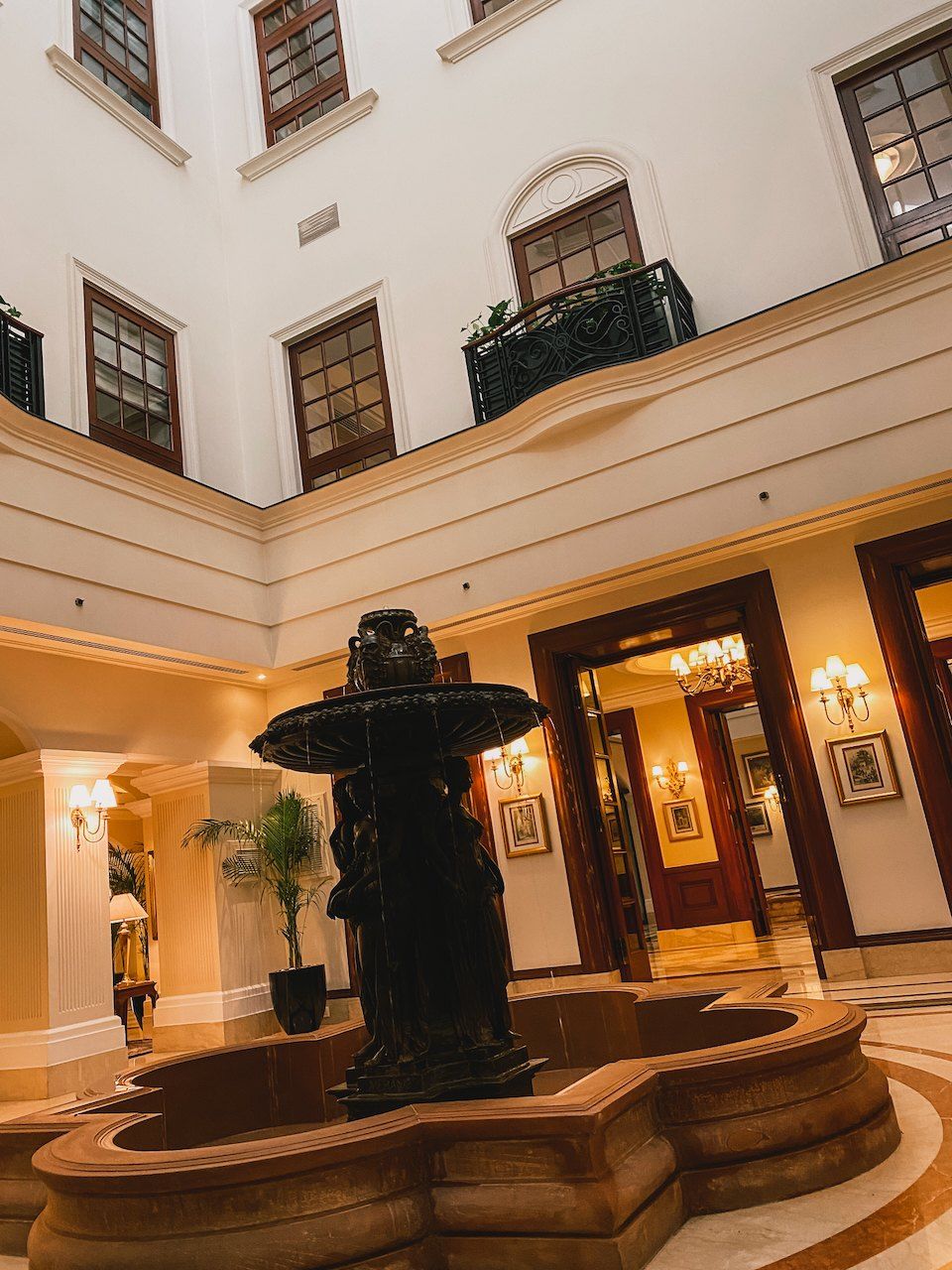 Hotel courtyard with a fountain in Delhi